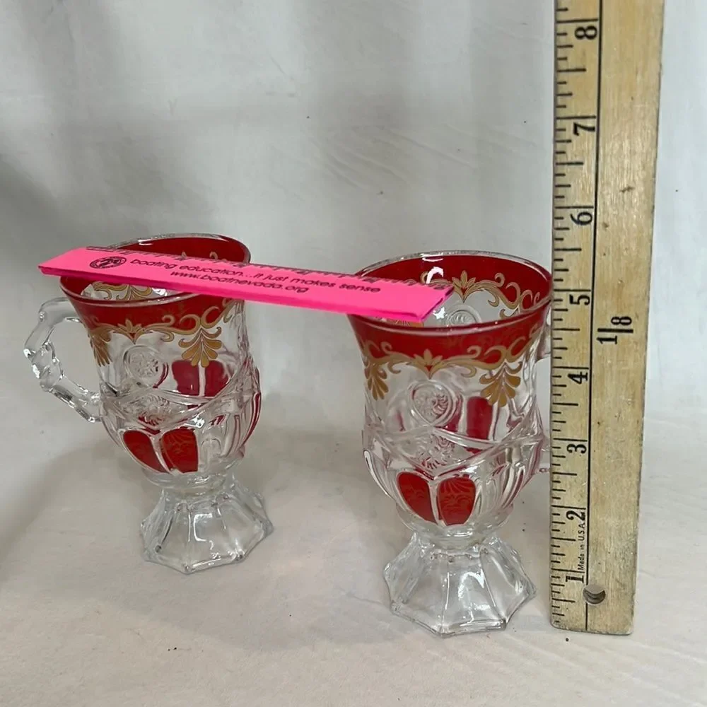 Bohemian Pressed Glass Mug 6 Oz 5 In Tall 2 3/4 In Round Red Gold Set Of 2